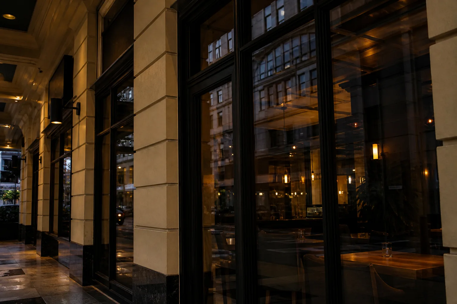 Arcade glass at dusk