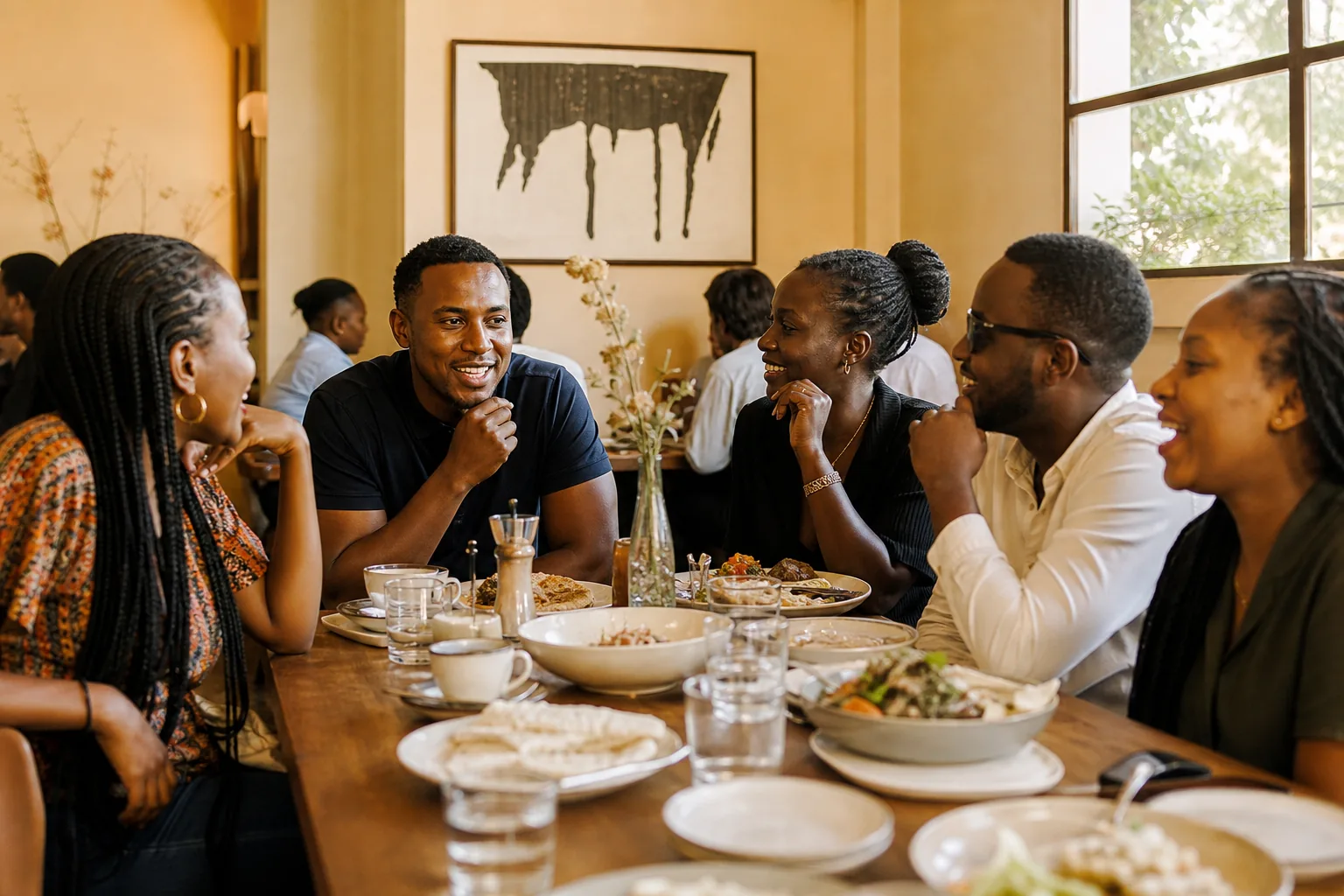 Guests at a long table, Soin Arcade
