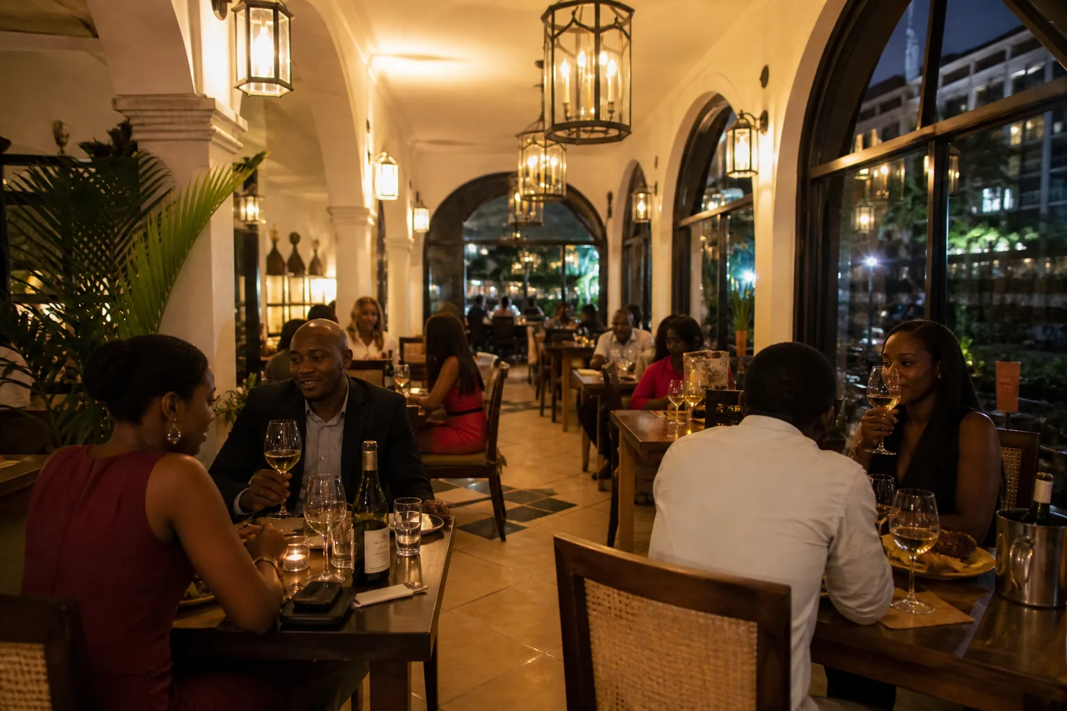 Evening dining room looking toward the arcade